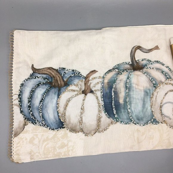 Nicole Miller Beaded Pumpkin Table Runner Blue Cream Thanksgiving Decor 14x72 - Picture 7 of 11